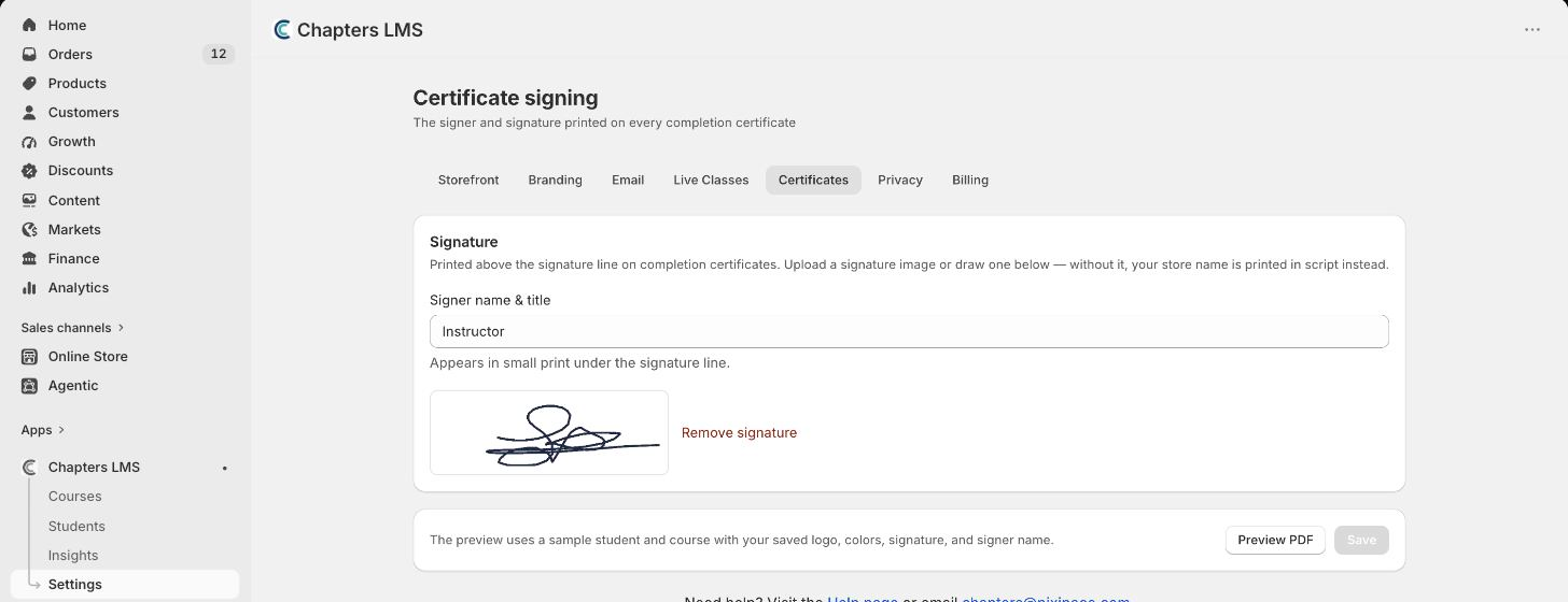 Chapters Settings, Certificates tab: Signer name and title field, a drawn signature with Remove signature, and a Preview PDF button