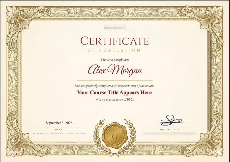 Sample certificate of completion PDF: ornate border, store name, student name Alex Morgan, course title placeholder, score, date, gold seal and instructor signature