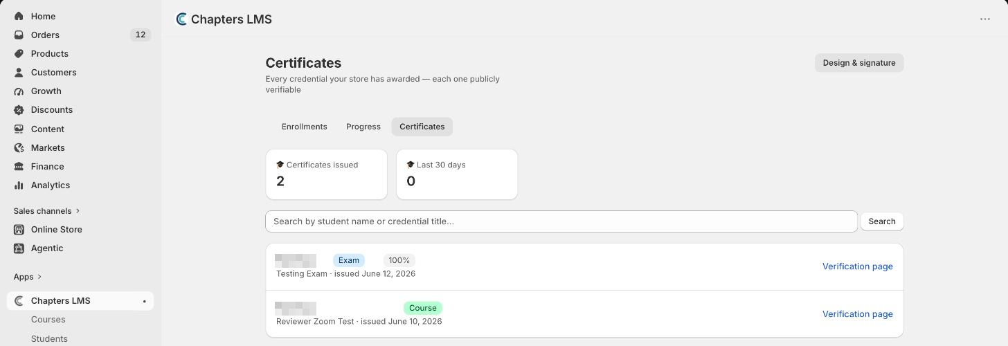 Chapters Students page on the Certificates tab: certificates issued count, last 30 days count, a search box and two issued certificates with Verification page links