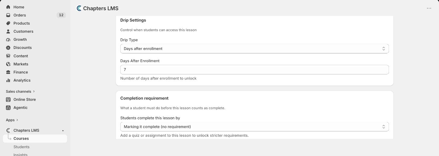 Lesson editor Drip Settings card with Drip Type set to Days after enrollment and Days After Enrollment set to 7, above the Completion requirement card