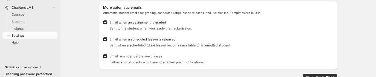 Settings, Email tab, More automatic emails card with Email when a scheduled lesson is released ticked