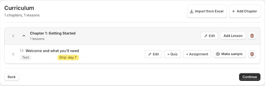 A lesson row in the Chapters curriculum with Edit, Quiz, Assignment and Make sample buttons