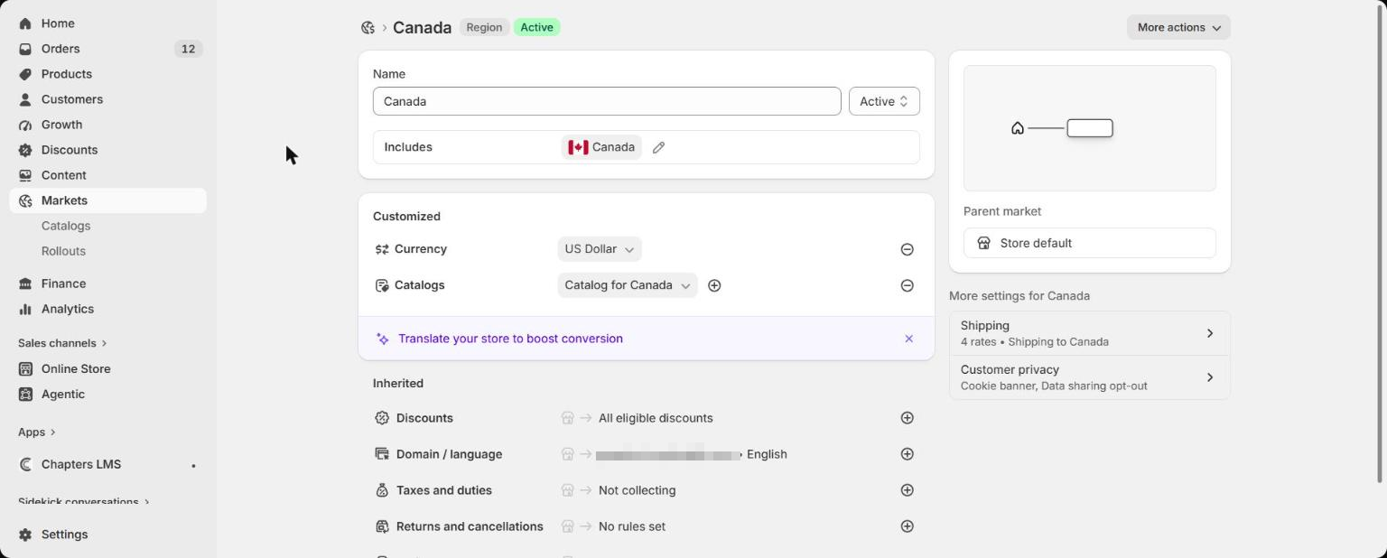 A market's settings page in Shopify with the Currency row set to US Dollar and a Catalogs row beneath it