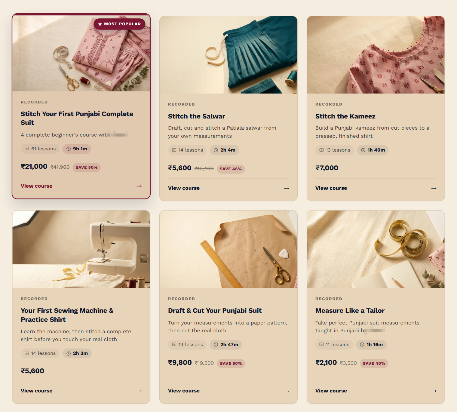 The Chapters Course Catalog on a live storefront after switching the country to India, all six course prices shown in rupees
