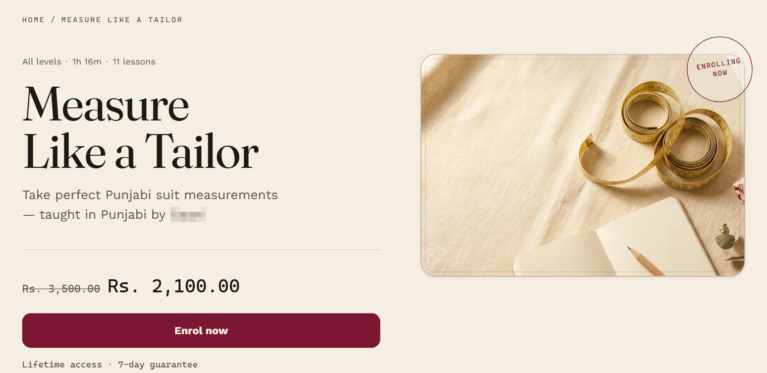 A course product page on a live storefront with the price and compare-at price in rupees and an Enrol now button