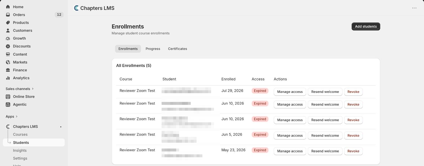 Chapters Students page, Enrollments tab, with the Add students button and a table of enrollments showing Manage access, Resend welcome and Revoke actions