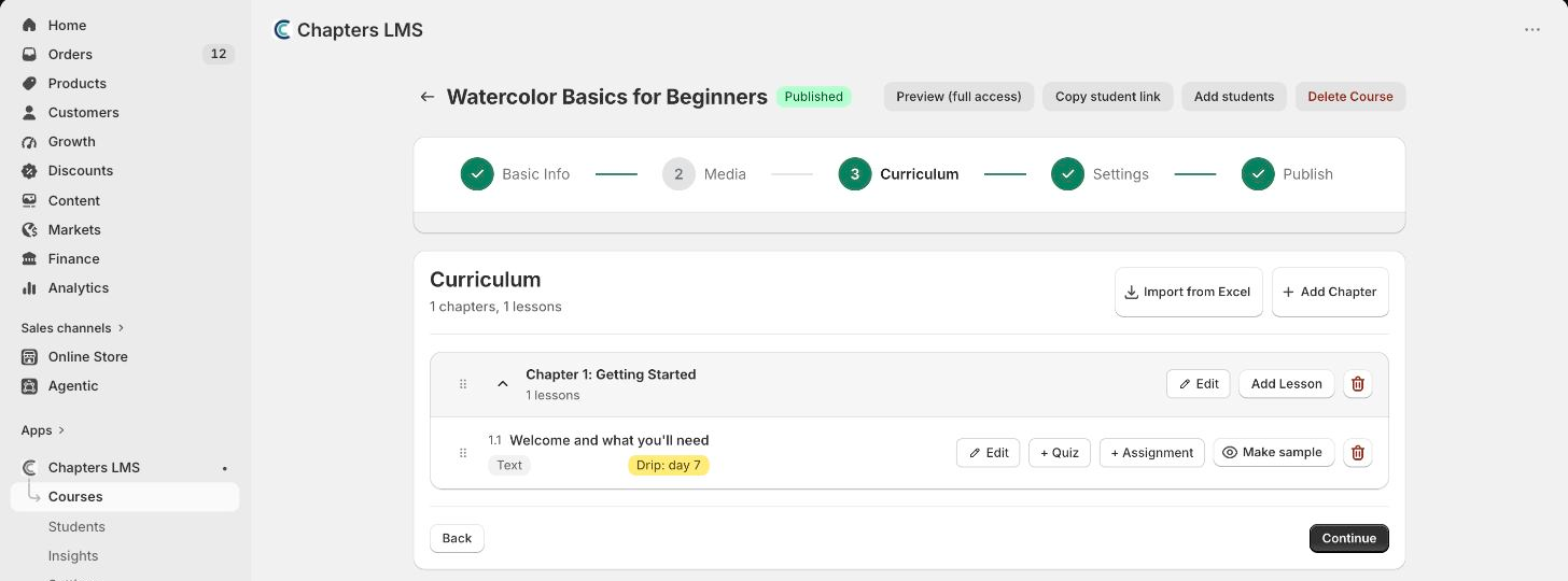 A published course in Chapters with Preview, Copy student link and Add students buttons in the header above the curriculum