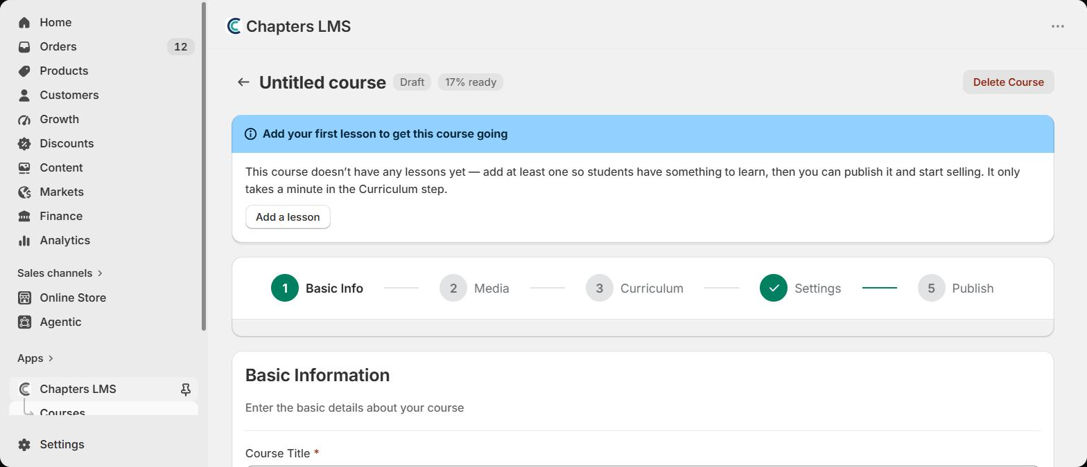 The Chapters course wizard on step 1 with the Add your first lesson banner