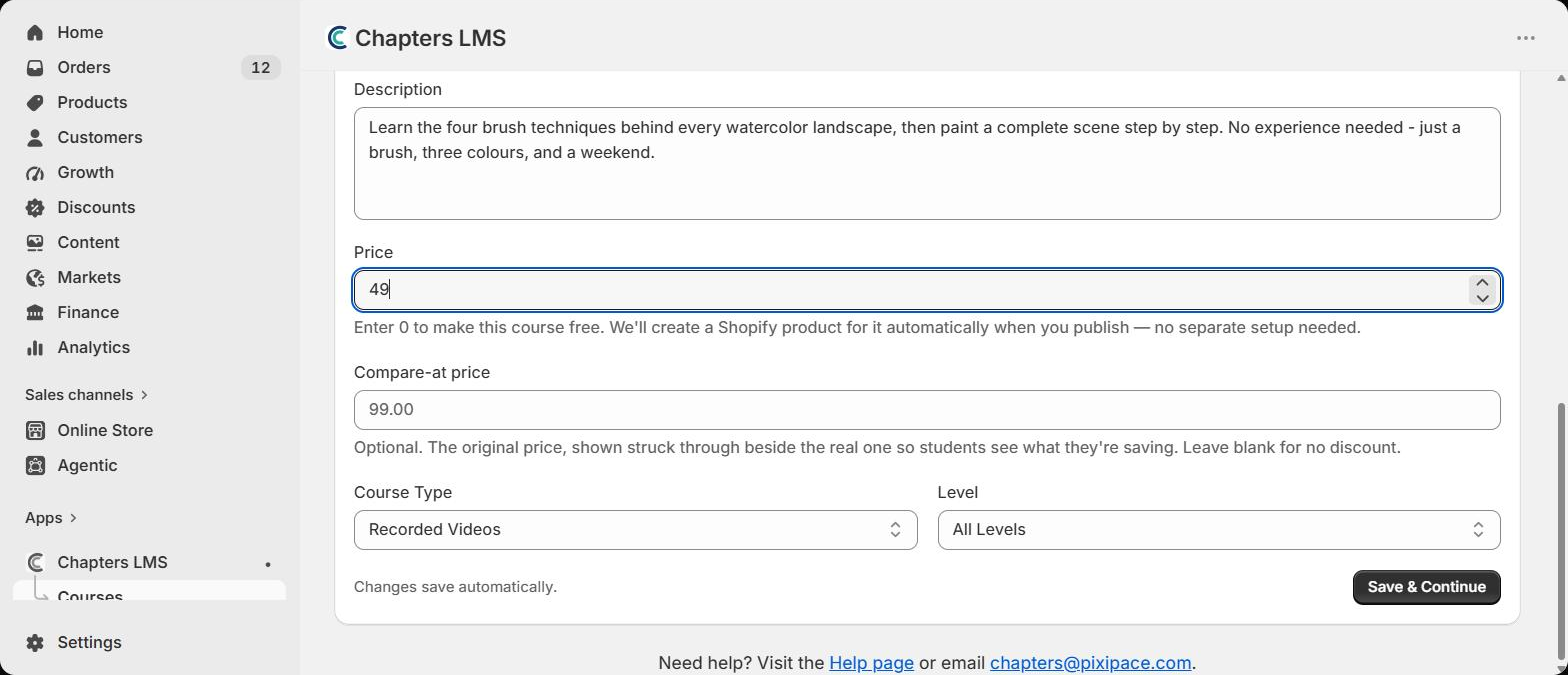 Price, compare-at price, course type and level fields with the Save and Continue button