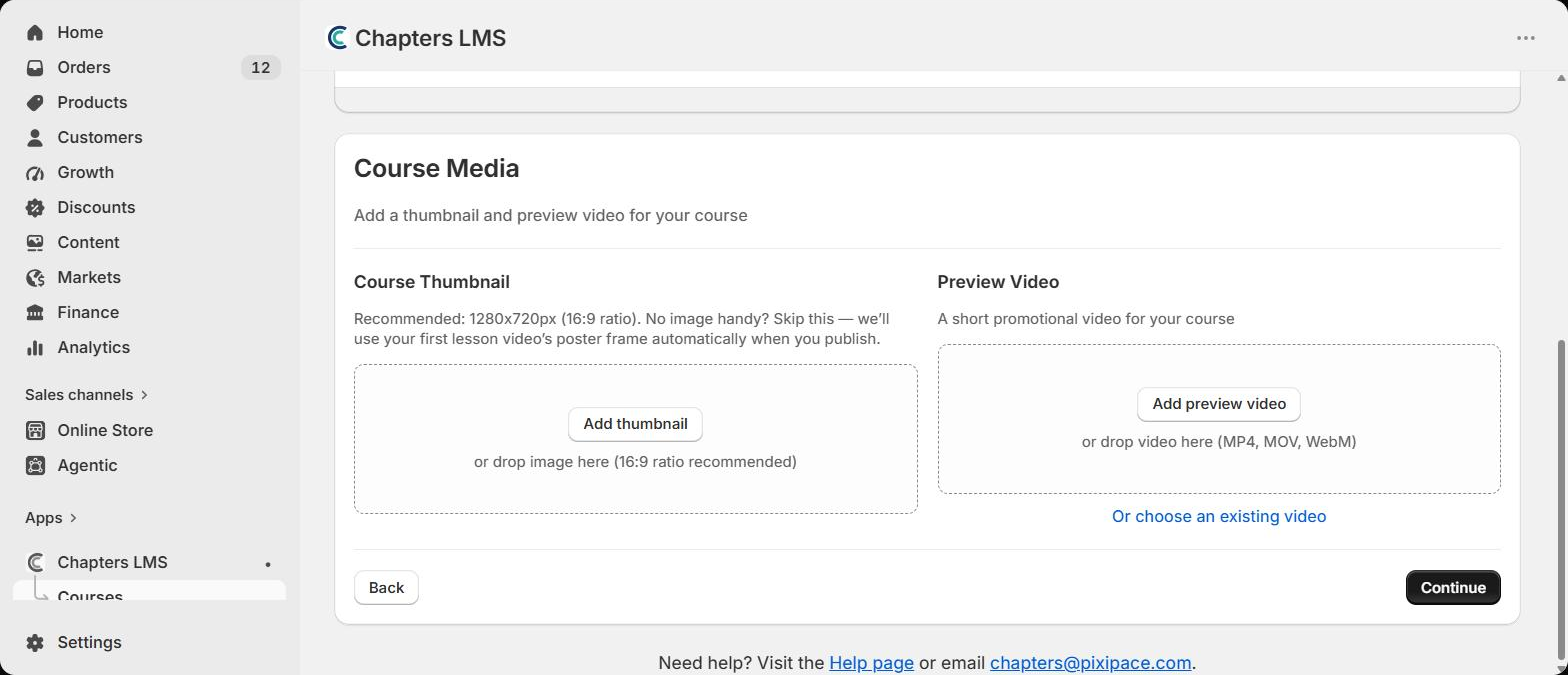 Course Media step with thumbnail and preview video upload areas