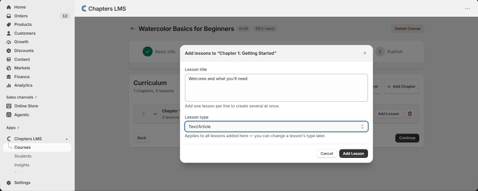 Add lessons dialog with a lesson title and Text/Article type selected