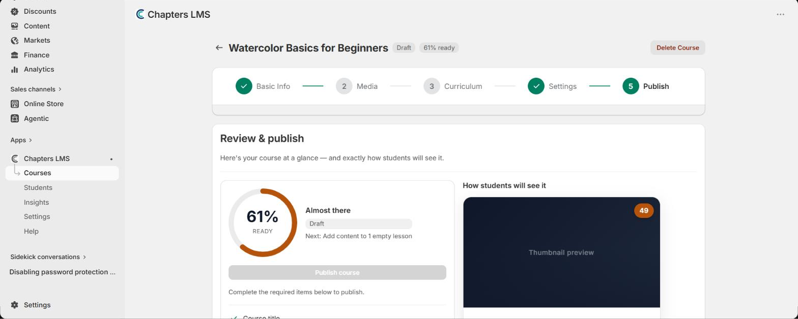 Review and publish step at 61 percent ready with Next: Add content to 1 empty lesson and a disabled Publish button