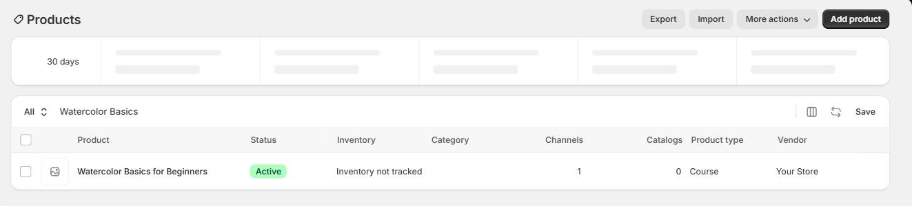 Shopify Products list filtered to the new course product, showing status Active and product type Course