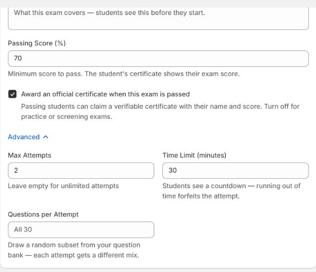 The Chapters exam editor showing passing score, the certificate checkbox, and the Advanced panel expanded with max attempts, time limit and questions per attempt