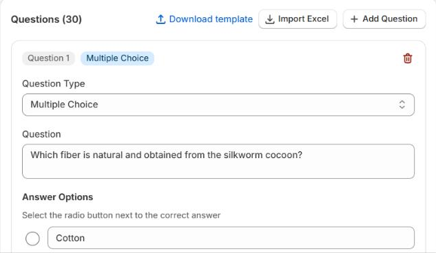 The Questions section of a Chapters exam: 30 questions, Download template, Import Excel and Add Question buttons, and a multiple-choice question with its answer options