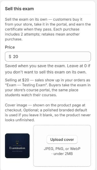 The Sell this exam card in Chapters showing a price of 20 dollars, a note that sales appear in orders as Exam plus the title, and a cover image uploader