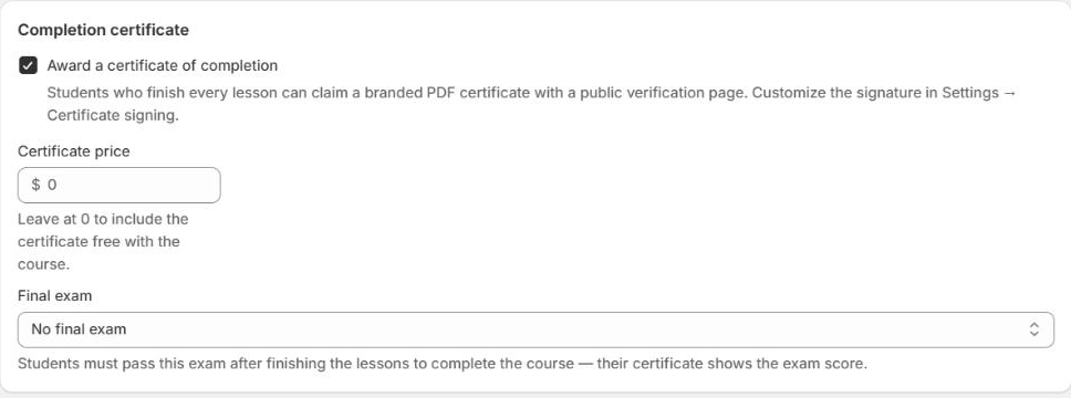 The Completion certificate card in a Chapters course, with the award-a-certificate checkbox, a certificate price field and the Final exam dropdown