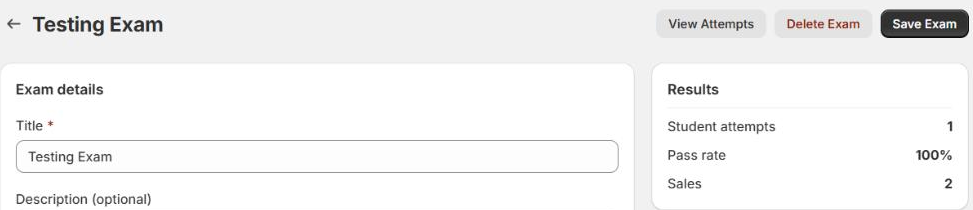 The Results card on a Chapters exam showing student attempts, pass rate and sales, next to the exam title and its View Attempts button