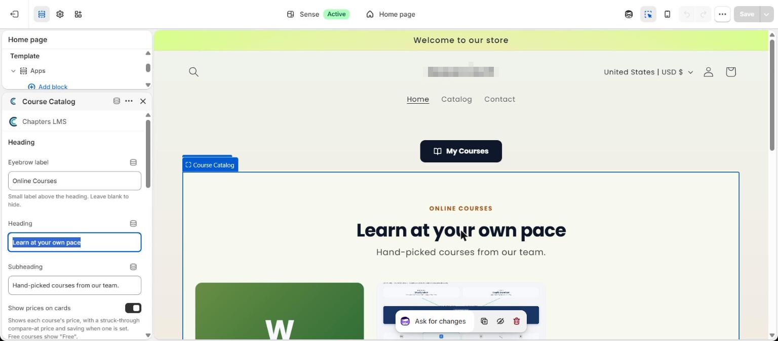 Course Catalog block settings with eyebrow label, heading, subheading and Show prices on cards, next to a live preview of the course grid