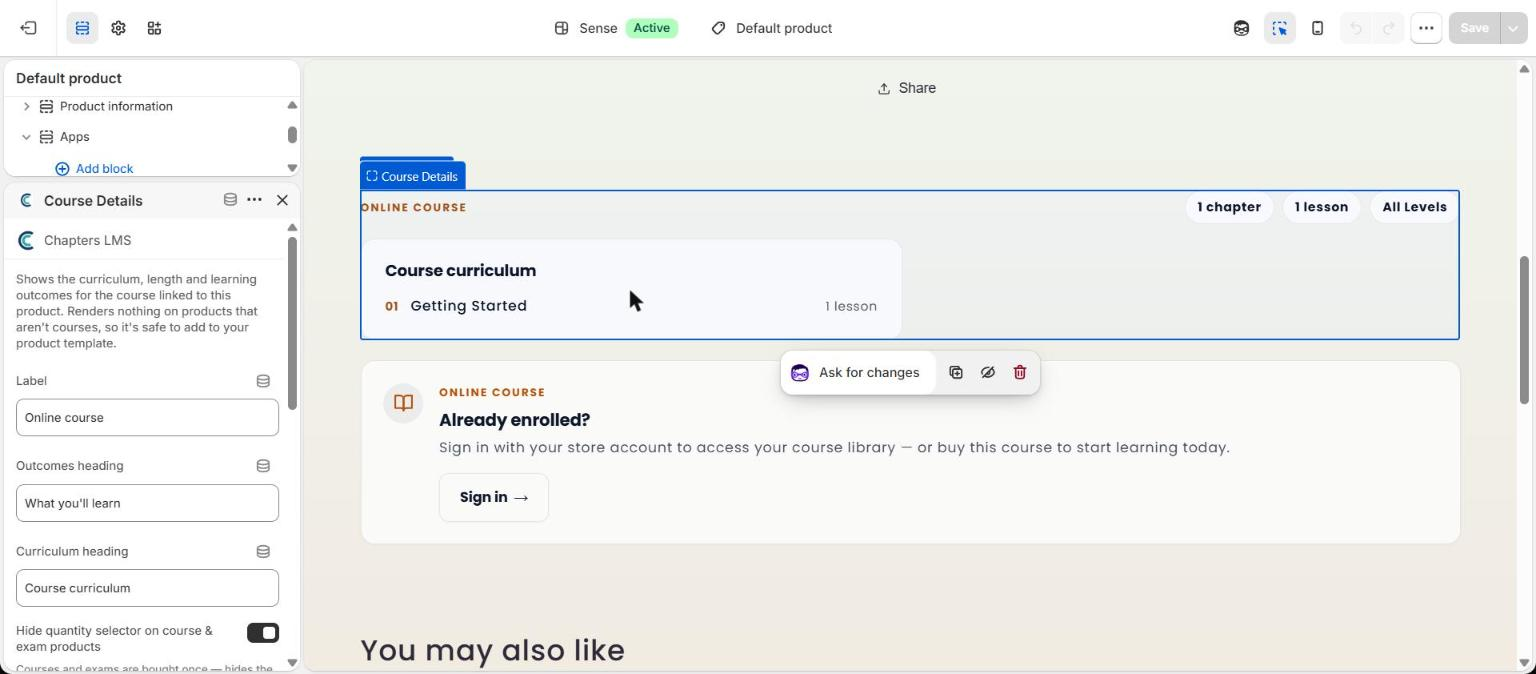 Product template in the theme editor with the Course Details block selected: chips for chapters, lessons and level, a Course curriculum card, and an Already enrolled sign-in card beneath