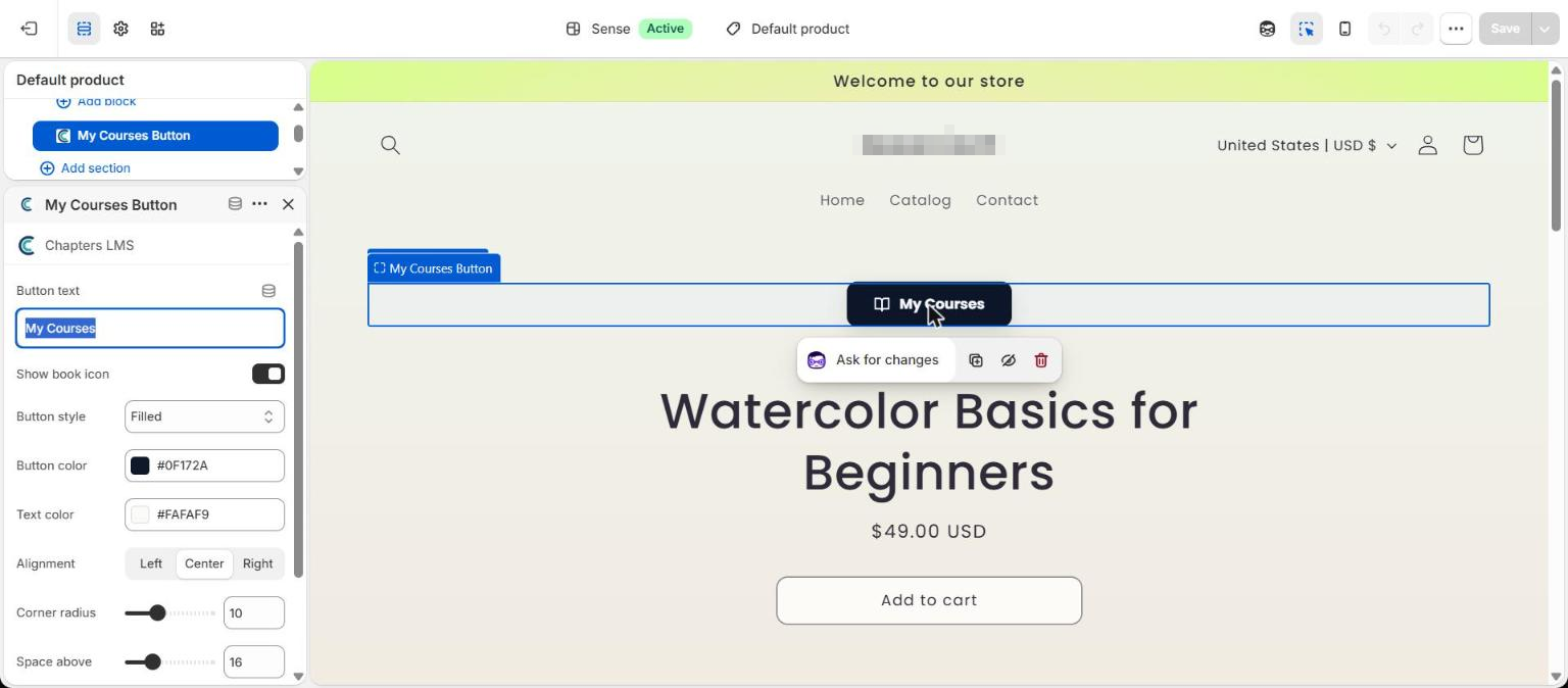 Theme editor with the My Courses Button block selected in the header: button text, book icon toggle, filled style, colours, alignment and corner radius