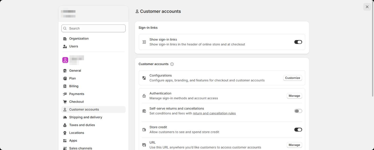Shopify Settings, Customer accounts page with modern customer accounts enabled and the Customize button